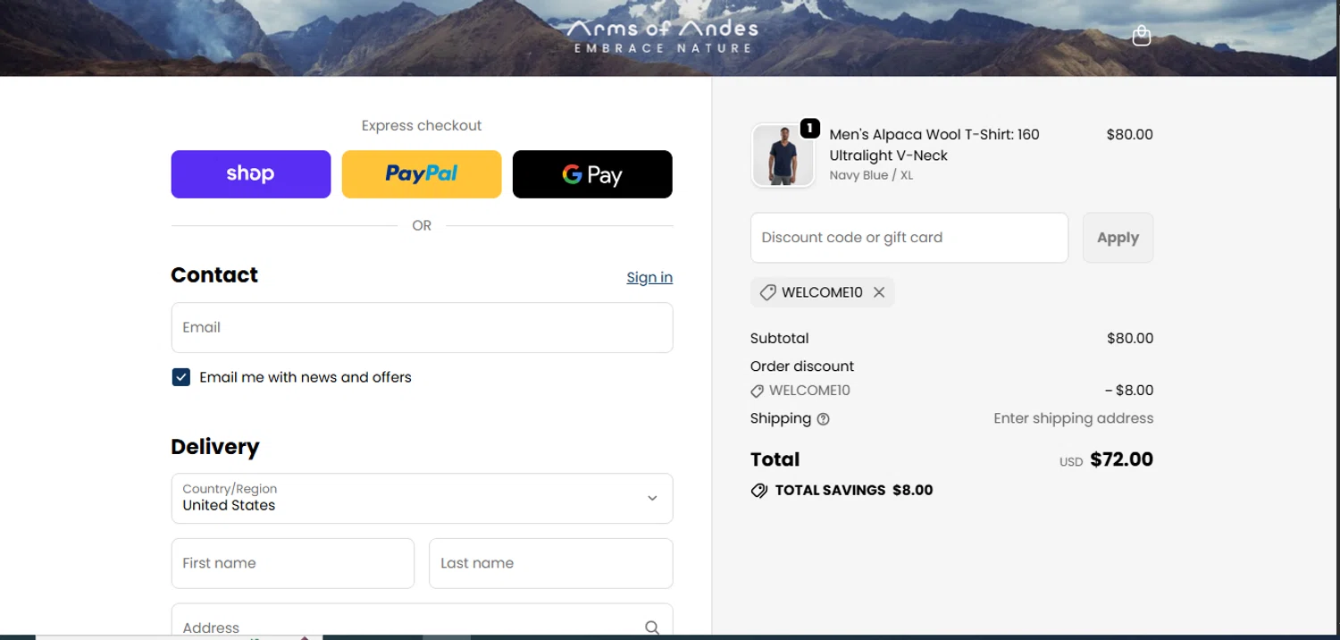 Arms of Andes discount code screenshot showing code WELCOME10 applied at Arms of Andes checkout page. Uploaded by SimplyCodes community member juanisaac on Nov 16, 2025