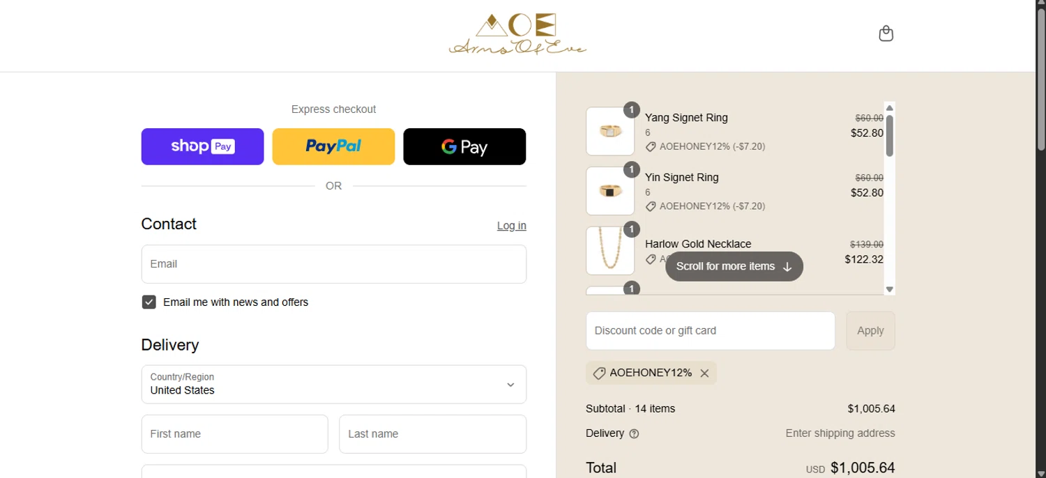 Arms of Eve discount code screenshot showing code AOEHONEY12% applied at Arms of Eve checkout page. Uploaded by SimplyCodes community member _____________________________ on Aug 18, 2025