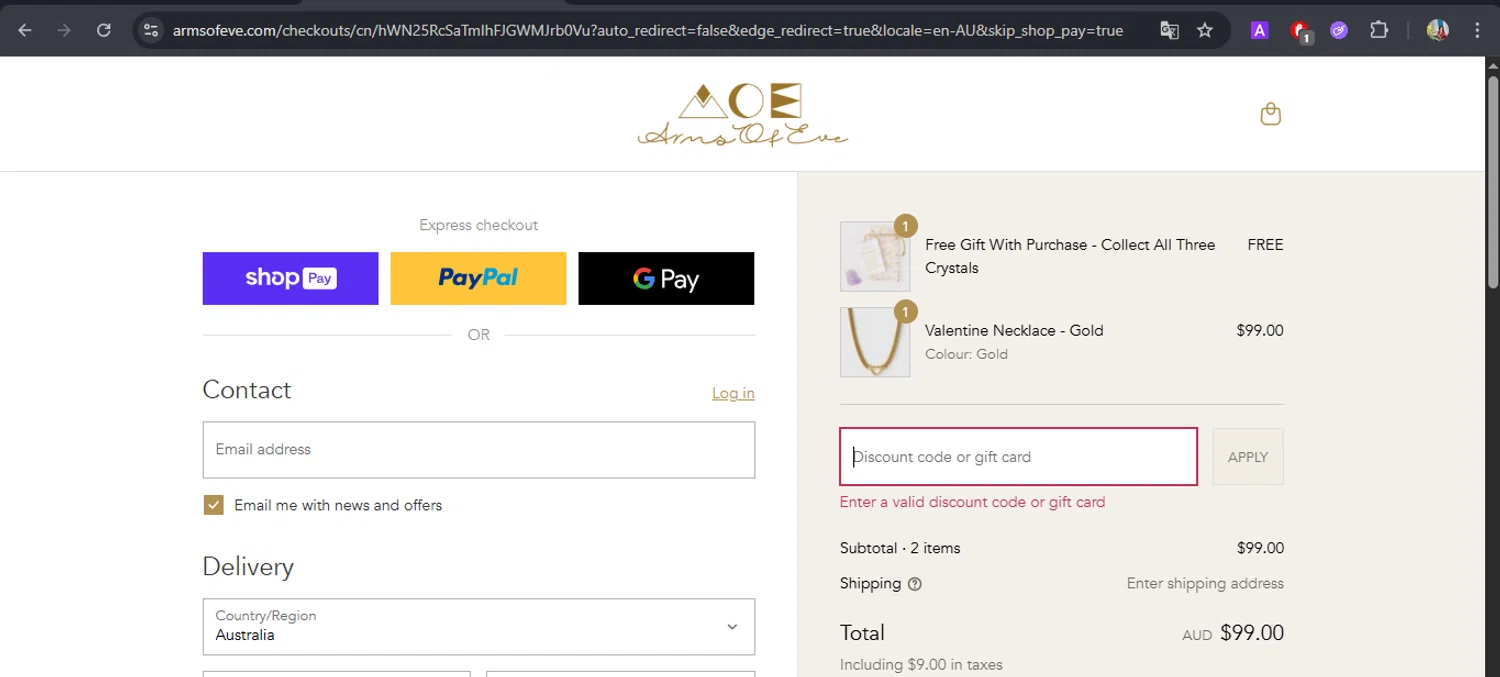 Arms of Eve discount code screenshot showing code VIP20 applied at Arms of Eve checkout page. Uploaded by SimplyCodes community member BrilliantFox7966 on Aug 22, 2025