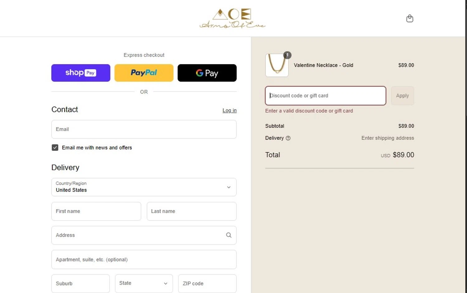 Arms of Eve discount code screenshot showing code VIP20 applied at Arms of Eve checkout page. Uploaded by SimplyCodes community member PennyHero5335 on Aug 18, 2025