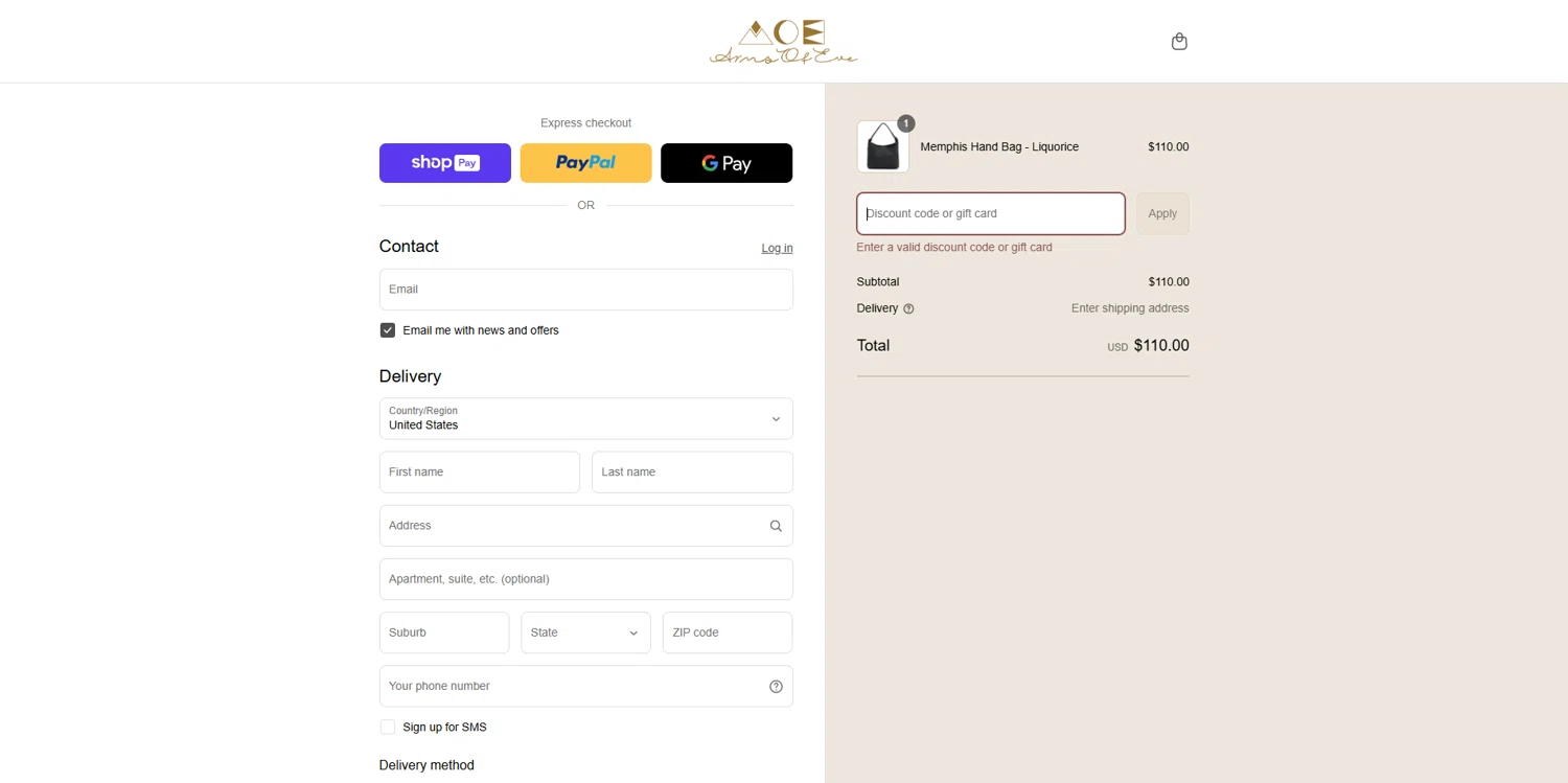 Arms of Eve discount code screenshot showing code VIP20 applied at Arms of Eve checkout page. Uploaded by SimplyCodes community member melano on Aug 18, 2025