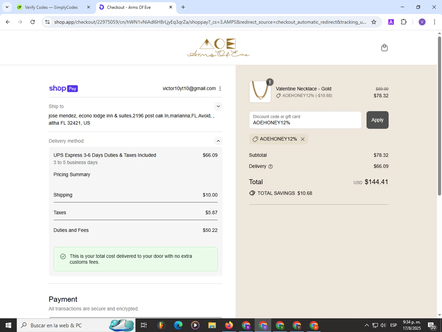Arms of Eve discount code screenshot showing code AOEHONEY12% applied at Arms of Eve checkout page. Uploaded by SimplyCodes community member Satoru_gojo on Aug 18, 2025