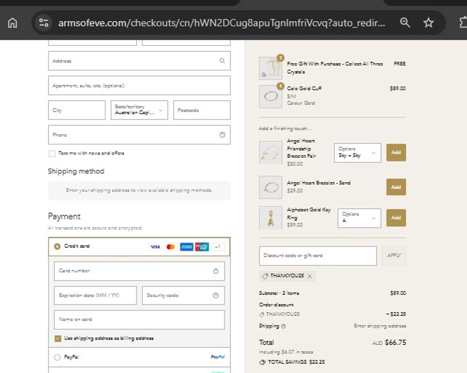 Arms of Eve discount code screenshot showing code THANKYOU25 applied at Arms of Eve checkout page. Uploaded by SimplyCodes community member frankrivero on Aug 25, 2025