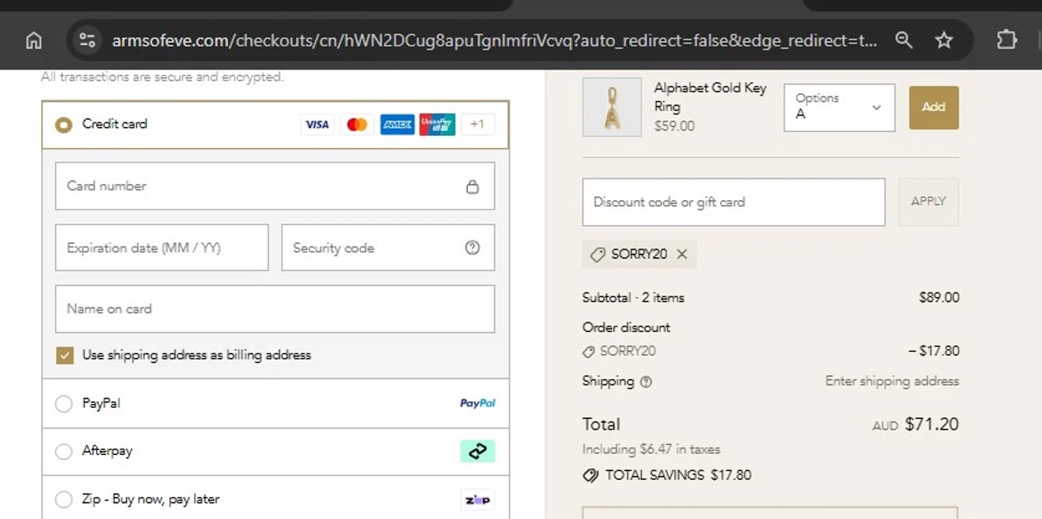 Arms of Eve discount code screenshot showing code SORRY20 applied at Arms of Eve checkout page. Uploaded by SimplyCodes community member frankrivero on Aug 25, 2025
