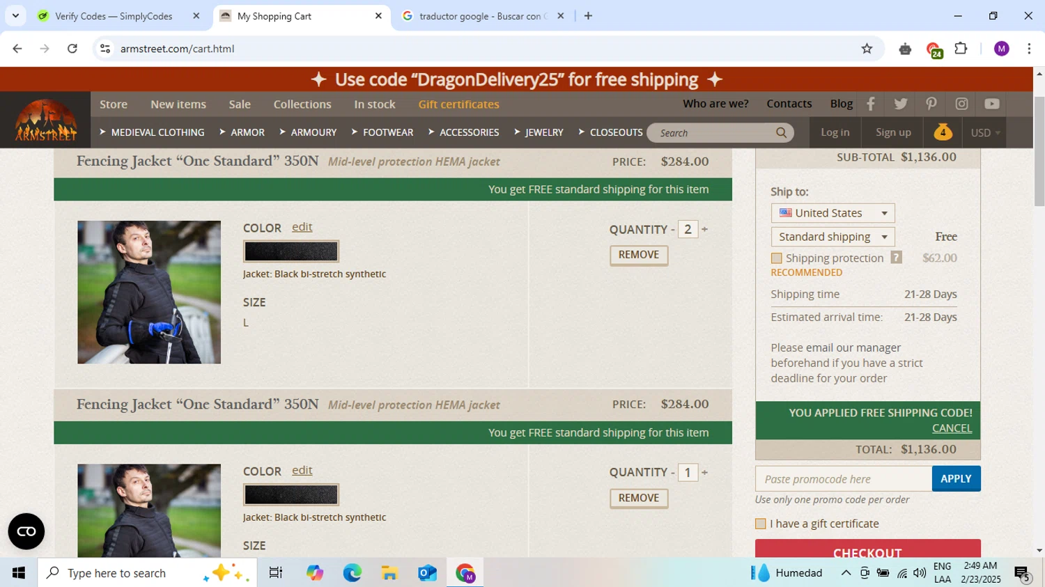 ArmStreet promo code screenshot showing code SHADIVERSITY applied at ArmStreet checkout page. Uploaded by SimplyCodes community member PennyScout8462 on Feb 23, 2025