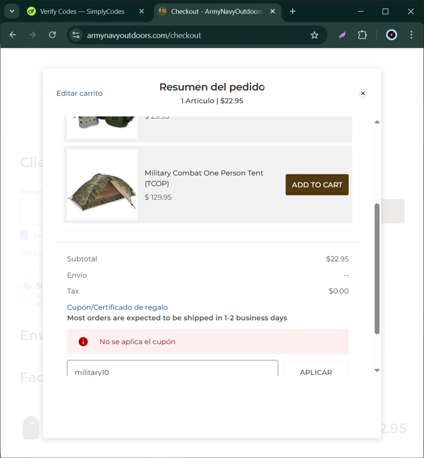 Army Navy Outdoors coupon code screenshot showing code military10 applied at Army Navy Outdoors checkout page. Uploaded by SimplyCodes community member Bernard_Lowe on Nov 7, 2025