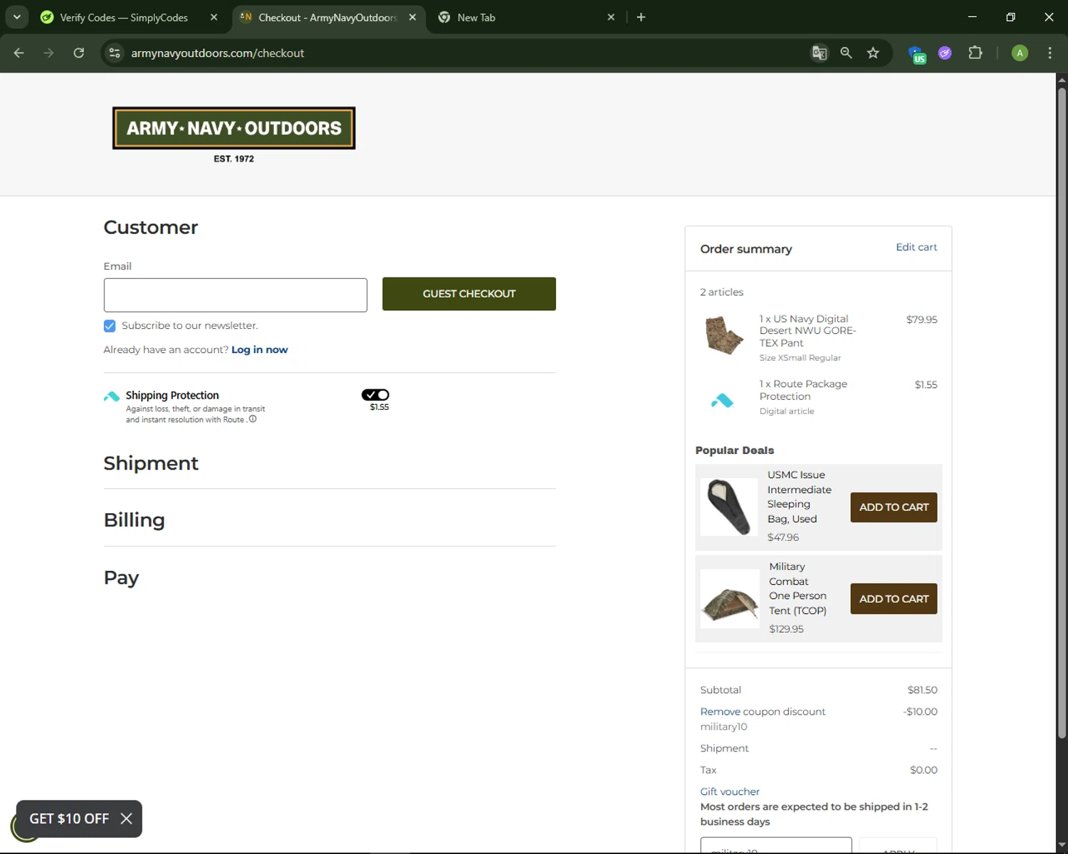 Army Navy Outdoors coupon code screenshot showing code military10 applied at Army Navy Outdoors checkout page. Uploaded by SimplyCodes community member MagnificentSaver708 on Nov 7, 2025