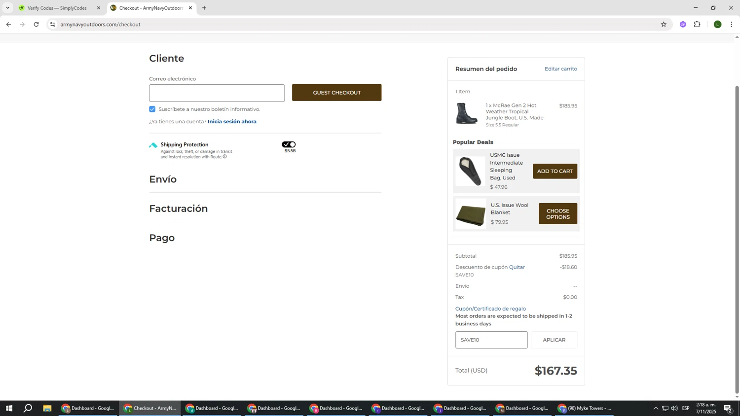 Army Navy Outdoors coupon code screenshot showing code SAVE10 applied at Army Navy Outdoors checkout page. Uploaded by SimplyCodes community member DUCATI on Nov 7, 2025