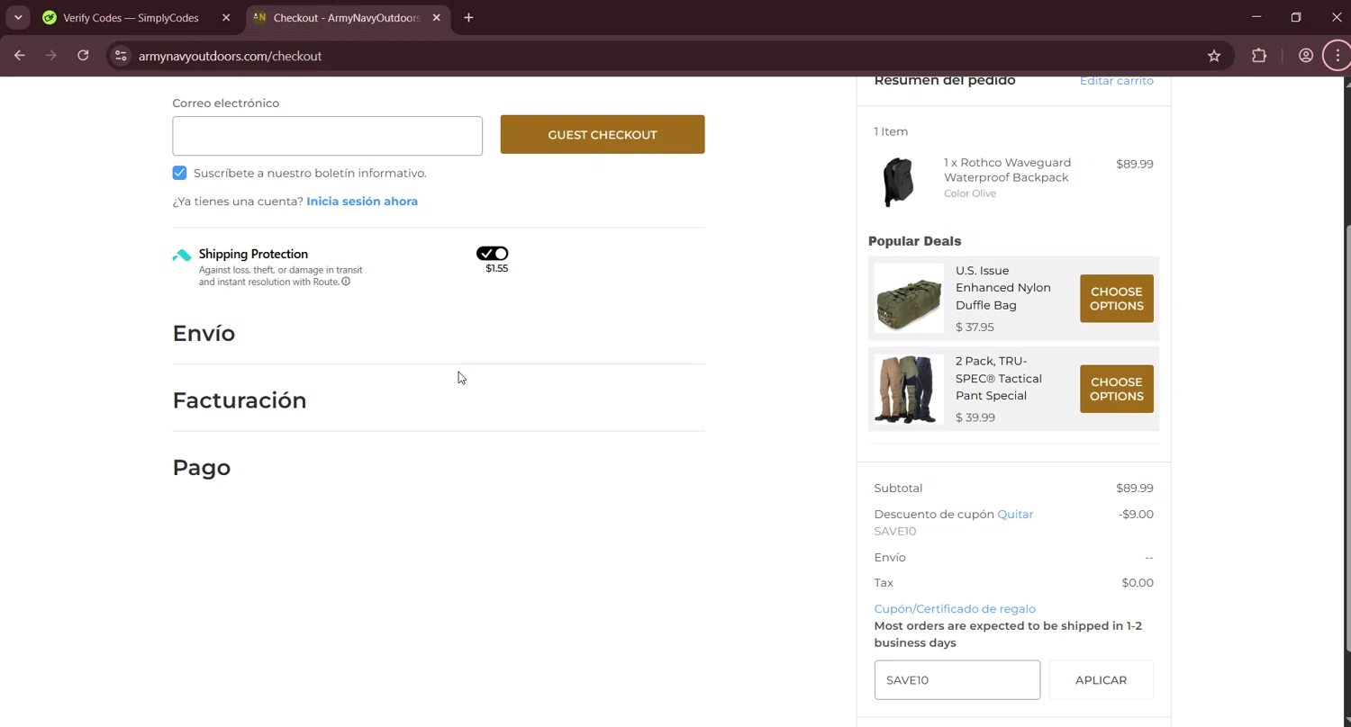 Army Navy Outdoors coupon code screenshot showing code SAVE10 applied at Army Navy Outdoors checkout page. Uploaded by SimplyCodes community member LuckyNavigator1490 on Oct 29, 2025