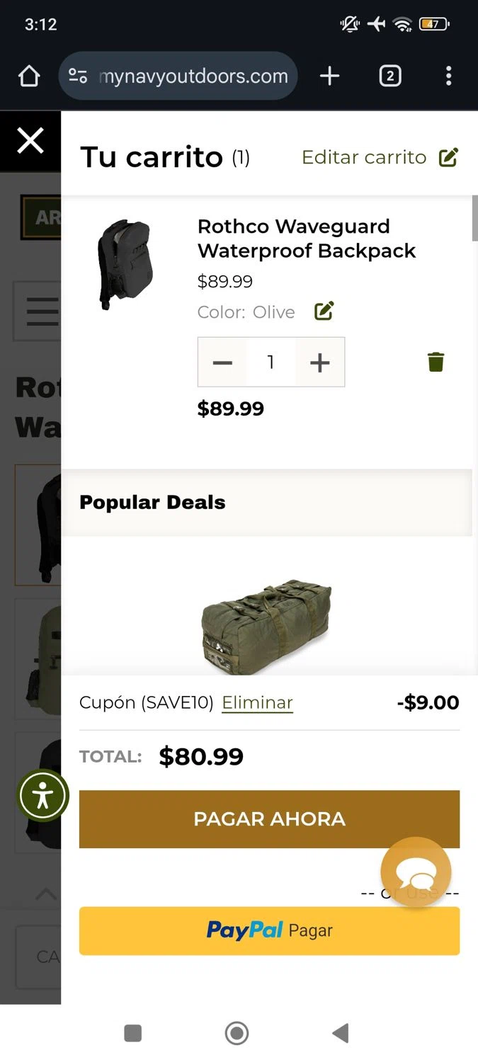 Army Navy Outdoors coupon code screenshot showing code SAVE10 applied at Army Navy Outdoors checkout page. Uploaded by SimplyCodes community member RoyalSpotter5217 on Sep 30, 2025