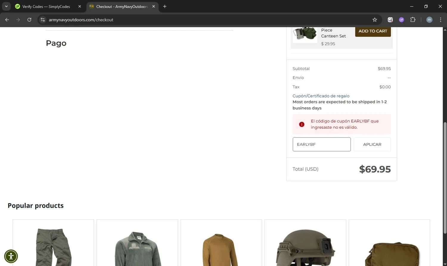 Army Navy Outdoors coupon code screenshot showing code EARLYBF applied at Army Navy Outdoors checkout page. Uploaded by SimplyCodes community member acostaacosta on Nov 27, 2025