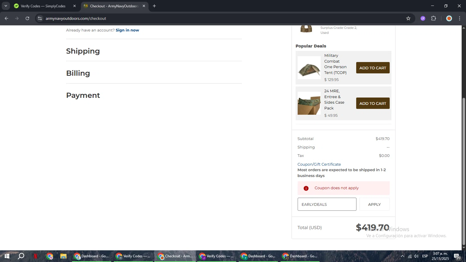 Army Navy Outdoors checkout page showing Army Navy Outdoors coupon code box | Screenshot taken by SimplyCodes community member on Nov 25, 2025