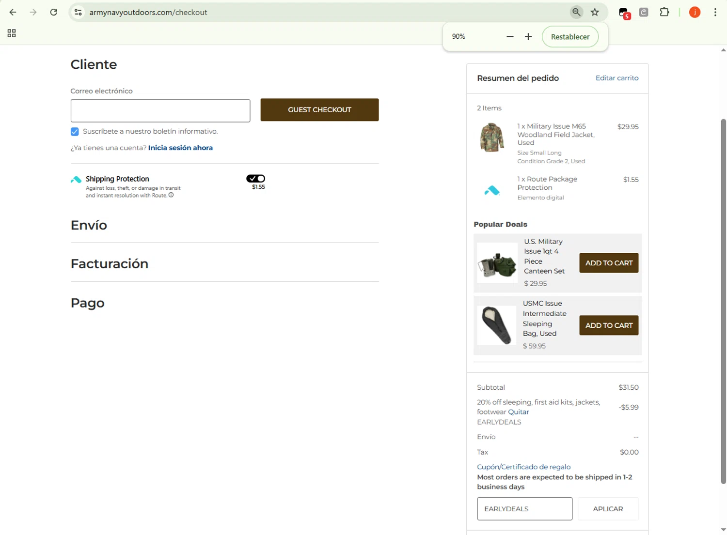 Army Navy Outdoors coupon code screenshot showing code EARLYDEALS applied at Army Navy Outdoors checkout page. Uploaded by SimplyCodes community member WonderSpotter5339 on Nov 25, 2025