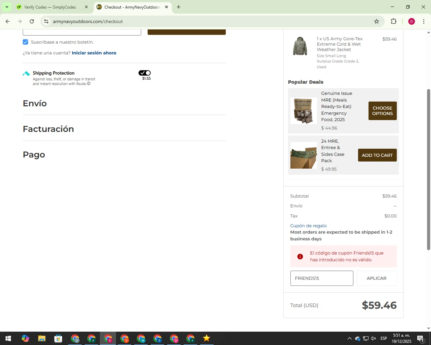 Army Navy Outdoors coupon code screenshot showing code FRIENDS15 applied at Army Navy Outdoors checkout page. Uploaded by SimplyCodes community member 000012 on Dec 19, 2025