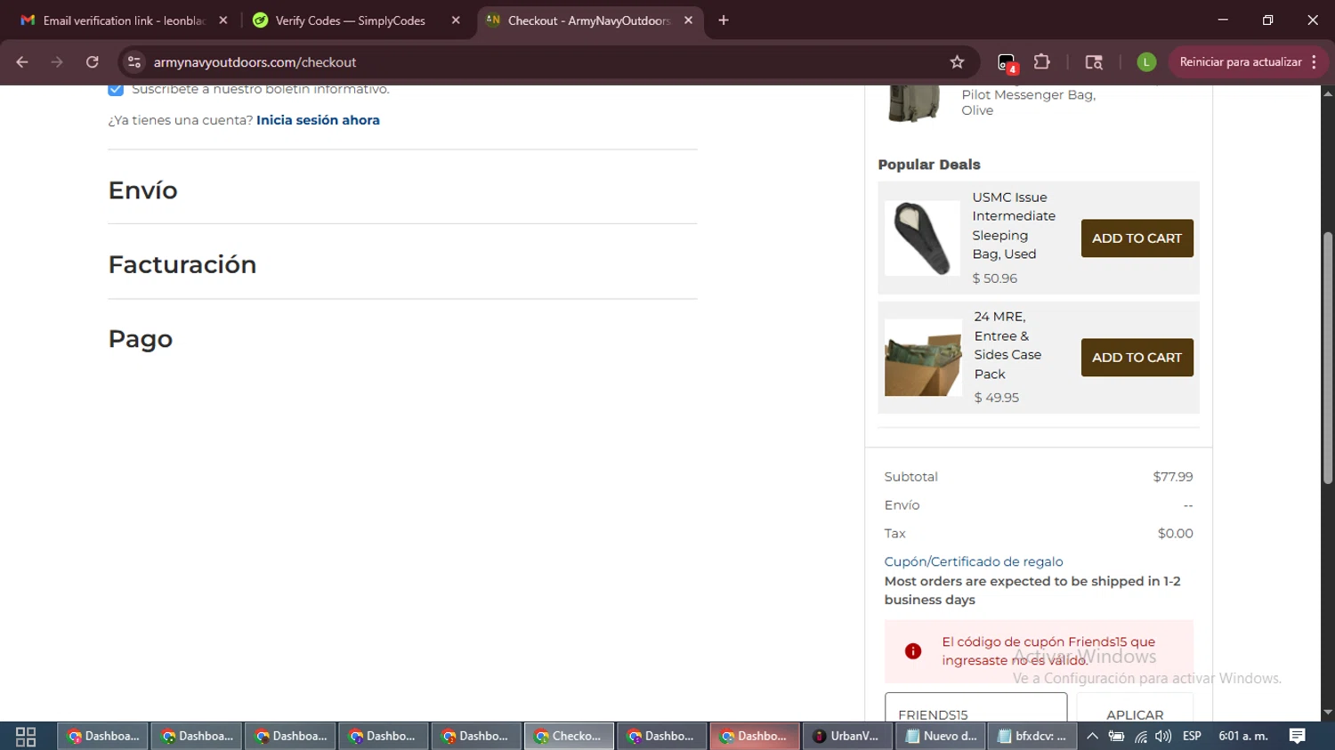 Army Navy Outdoors coupon code screenshot showing code FRIENDS15 applied at Army Navy Outdoors checkout page. Uploaded by SimplyCodes community member CleverFalcon7682 on Dec 19, 2025