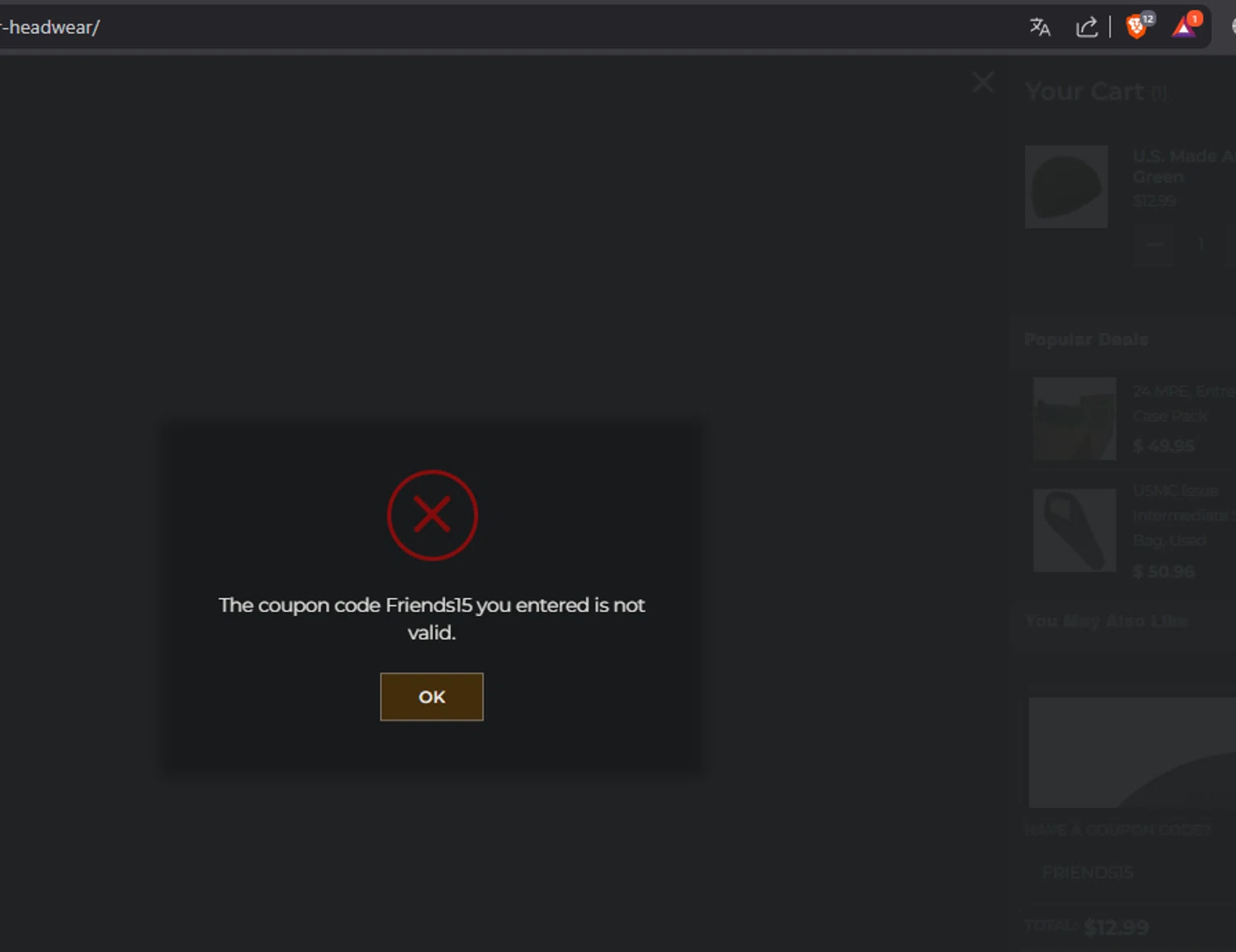 Army Navy Outdoors coupon code screenshot showing code FRIENDS15 applied at Army Navy Outdoors checkout page. Uploaded by SimplyCodes community member idkxxx on Dec 19, 2025