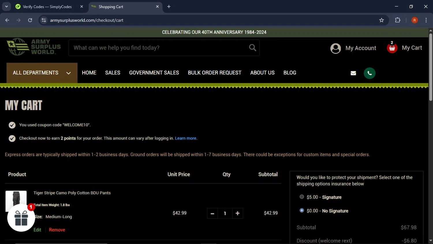 Army Surplus World promo code screenshot showing code WELCOME10 applied at Army Surplus World checkout page. Uploaded by SimplyCodes community member CoinPro7401 on Mar 14, 2025