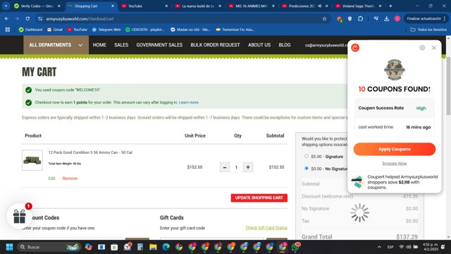 Army Surplus World checkout page showing Army Surplus World promo code box | Screenshot taken by SimplyCodes community member on Jan 4, 2025