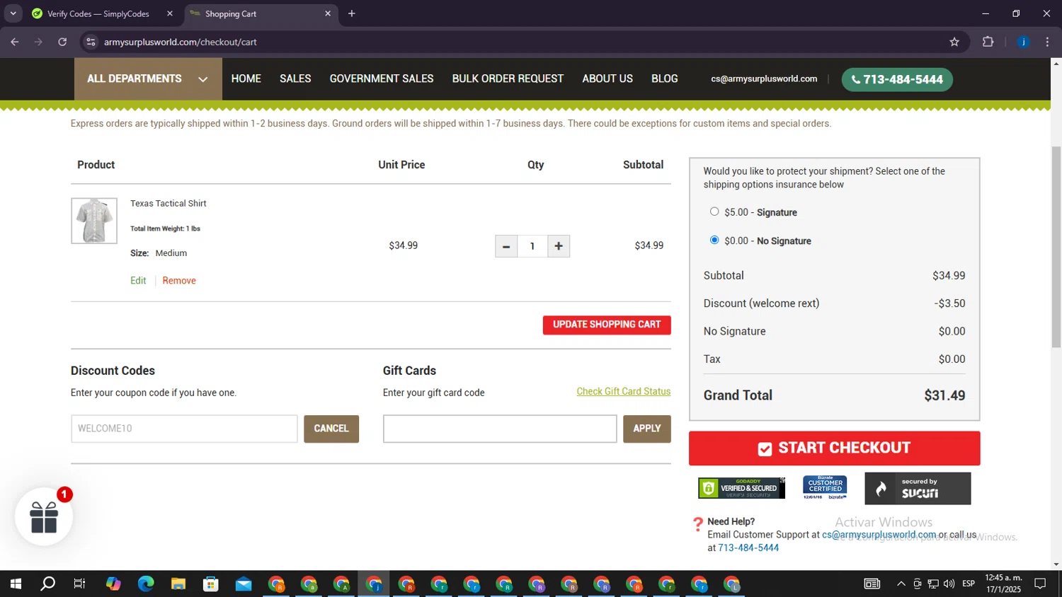 Army Surplus World promo code screenshot showing code WELCOME10 applied at Army Surplus World checkout page. Uploaded by SimplyCodes community member CrownElite7615 on Jan 17, 2025