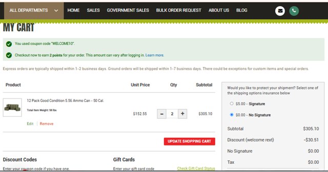 Army Surplus World checkout page showing Army Surplus World promo code box | Screenshot taken by SimplyCodes community member on Mar 19, 2025