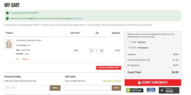 Army Surplus World checkout page showing Army Surplus World promo code box | Screenshot taken by SimplyCodes community member on Dec 14, 2024
