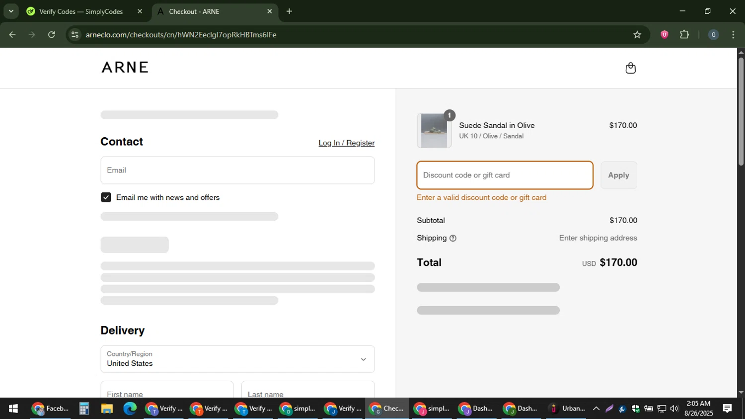 ARNE discount code screenshot showing code EXTRA20 applied at ARNE checkout page. Uploaded by SimplyCodes community member gabinharris55 on Aug 26, 2025