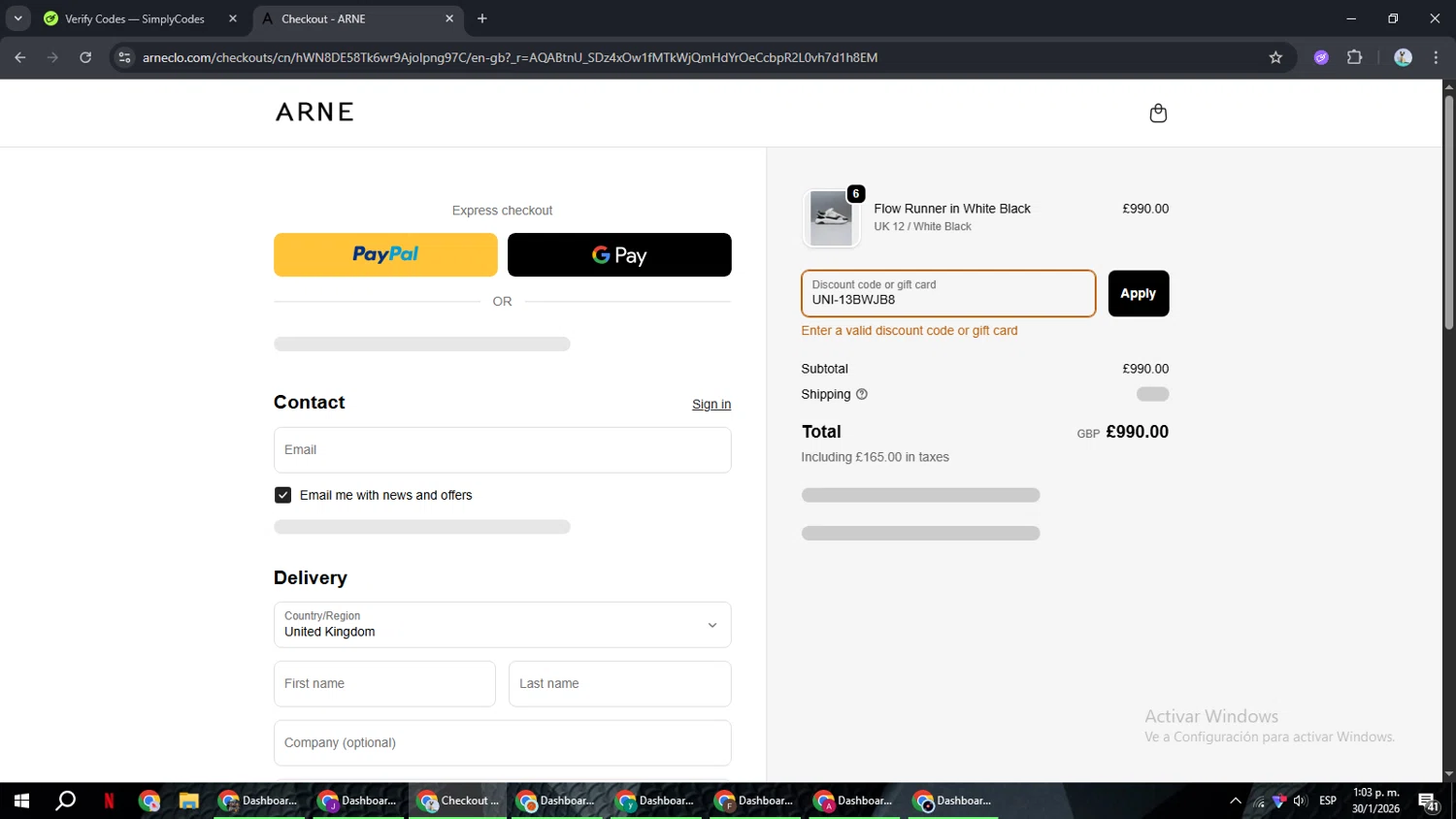 ARNE discount code screenshot showing code UNI-13BWJB8 applied at ARNE checkout page. Uploaded by SimplyCodes community member ShrewdSeeker6165 on Jan 30, 2026