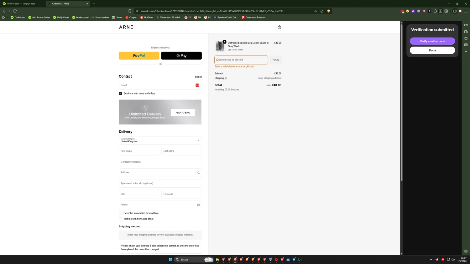 ARNE discount code screenshot showing code UNI-13BWJB8 applied at ARNE checkout page. Uploaded by SimplyCodes community member IronMind4607 on Jan 1, 2026