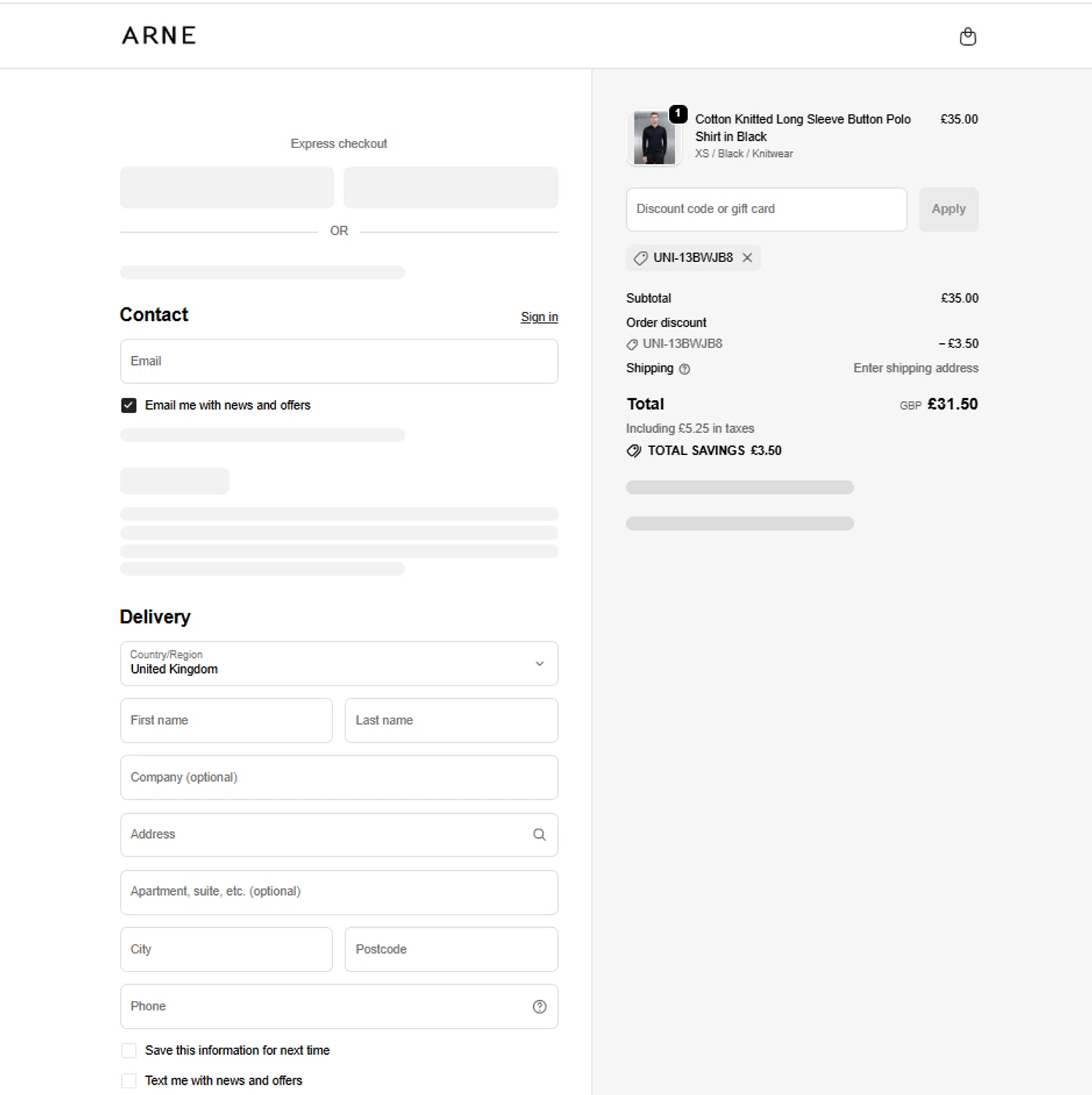 ARNE discount code screenshot showing code UNI-13BWJB8 applied at ARNE checkout page. Uploaded by SimplyCodes community member reggiesmith on Jan 5, 2026