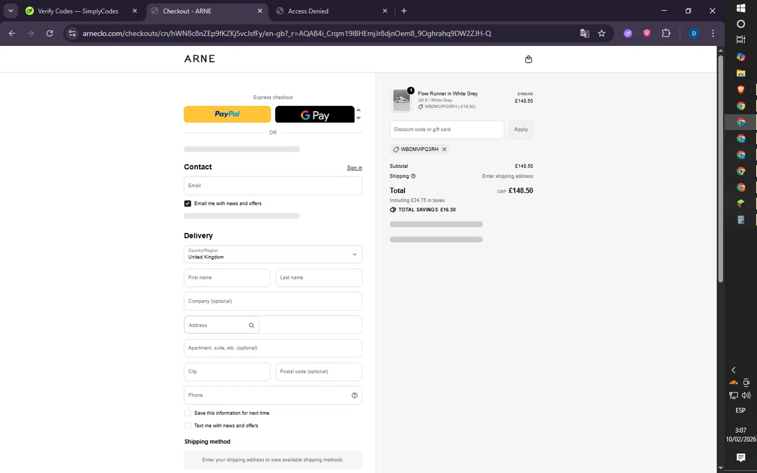 ARNE checkout page showing ARNE discount code box | Screenshot taken by SimplyCodes community member on Feb 10, 2026
