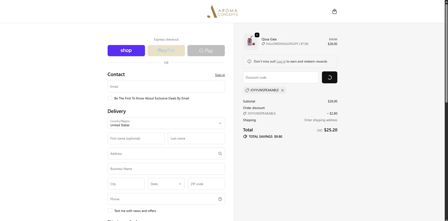 Aroma Concepts discount code screenshot showing code JOYYUNSPEAKABLE applied at Aroma Concepts checkout page. Uploaded by SimplyCodes community member RewardPhoenix3732 on Oct 23, 2025