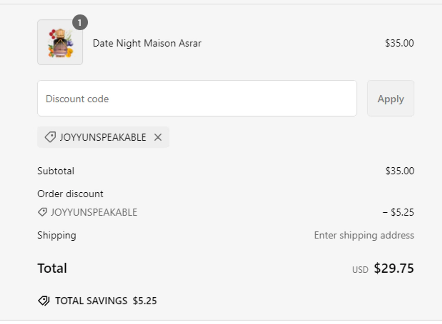 Aroma Concepts discount code screenshot showing code JOYYUNSPEAKABLE applied at Aroma Concepts checkout page. Uploaded by SimplyCodes community member Toundji on Feb 4, 2025