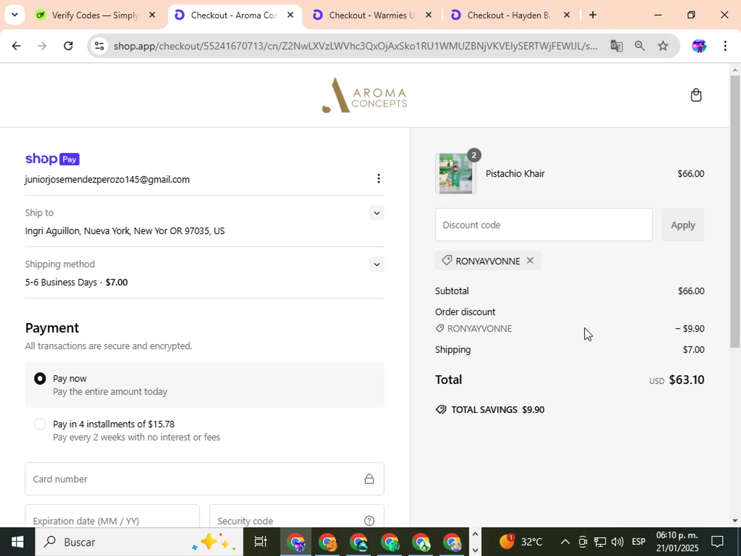 Aroma Concepts discount code screenshot showing code RONYAYVONNE applied at Aroma Concepts checkout page. Uploaded by SimplyCodes community member ingric on Jan 21, 2025