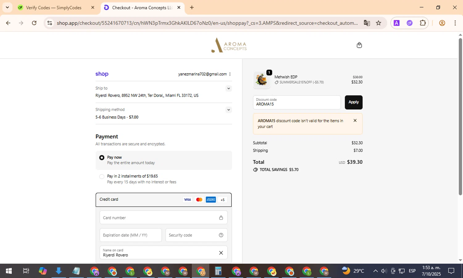 Aroma Concepts discount code screenshot showing code AROMA15 applied at Aroma Concepts checkout page. Uploaded by SimplyCodes community member TreasurePro466 on Oct 7, 2025