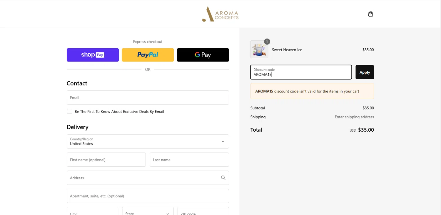 Aroma Concepts discount code screenshot showing code AROMA15 applied at Aroma Concepts checkout page. Uploaded by SimplyCodes community member dimitriv on Feb 17, 2025