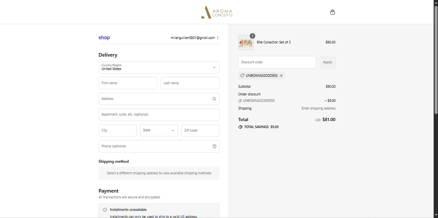 Aroma Concepts discount code screenshot showing code UNBOXINGGODDESS applied at Aroma Concepts checkout page. Uploaded by SimplyCodes community member _Capi_ on Sep 12, 2025