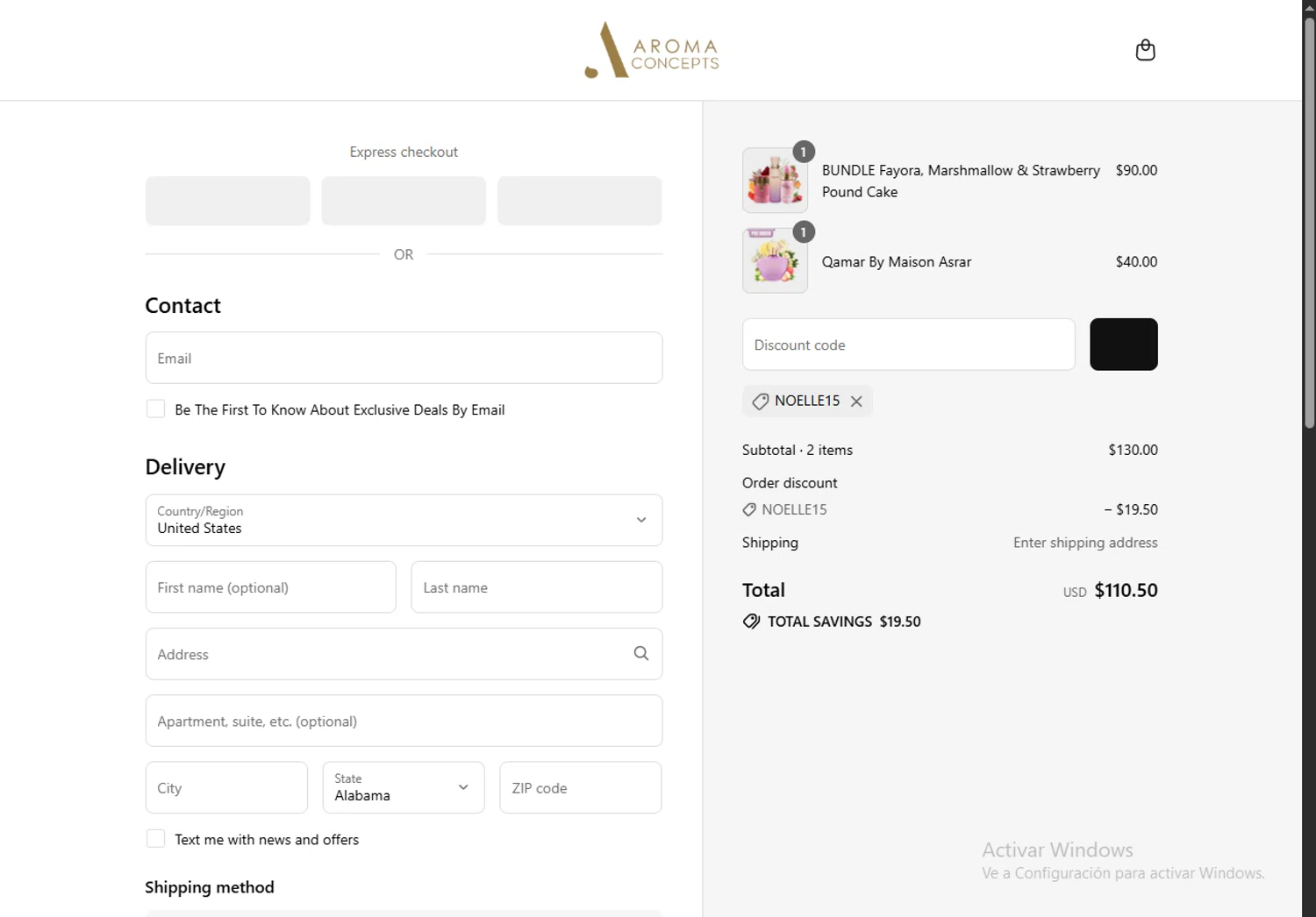 Aroma Concepts discount code screenshot showing code NOELLE15 applied at Aroma Concepts checkout page. Uploaded by SimplyCodes community member TreasureHero9595 on Jul 18, 2025