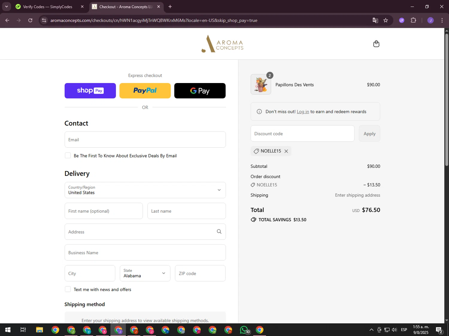 Aroma Concepts discount code screenshot showing code NOELLE15 applied at Aroma Concepts checkout page. Uploaded by SimplyCodes community member ValueHero2277 on Aug 9, 2025