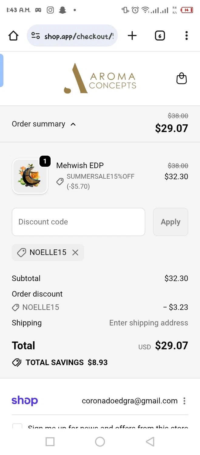 Aroma Concepts discount code screenshot showing code NOELLE15 applied at Aroma Concepts checkout page. Uploaded by SimplyCodes community member tumiedo on Oct 7, 2025