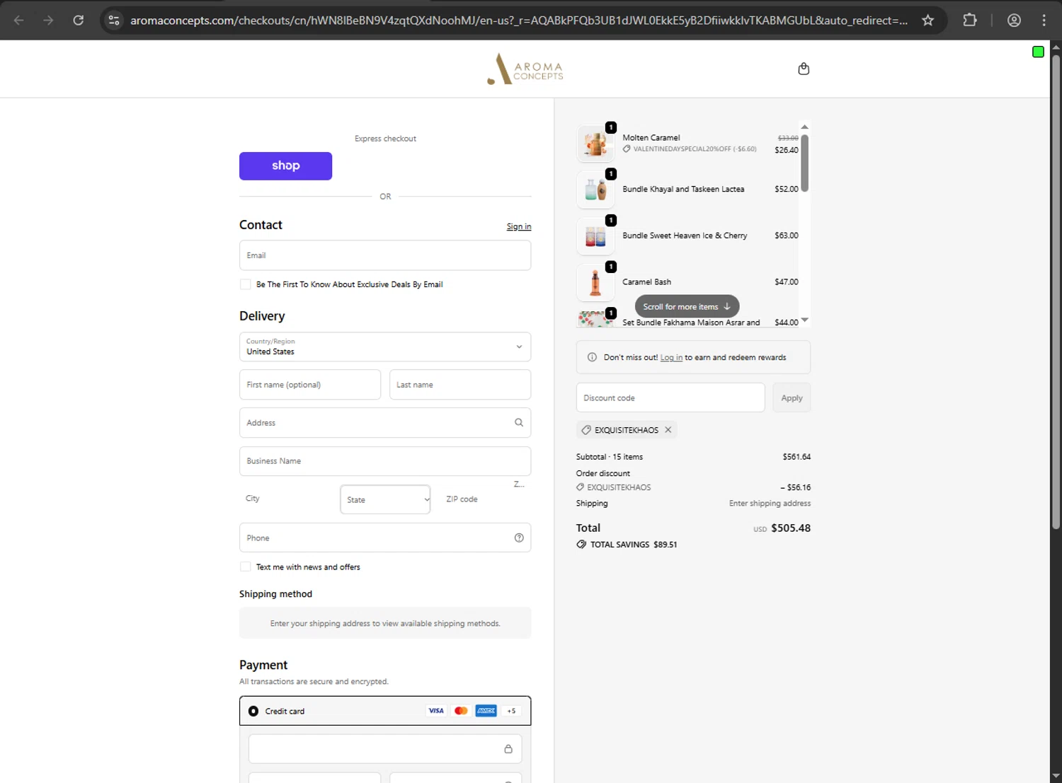 Aroma Concepts checkout page showing Aroma Concepts discount code box | Screenshot taken by SimplyCodes community member on Feb 14, 2026