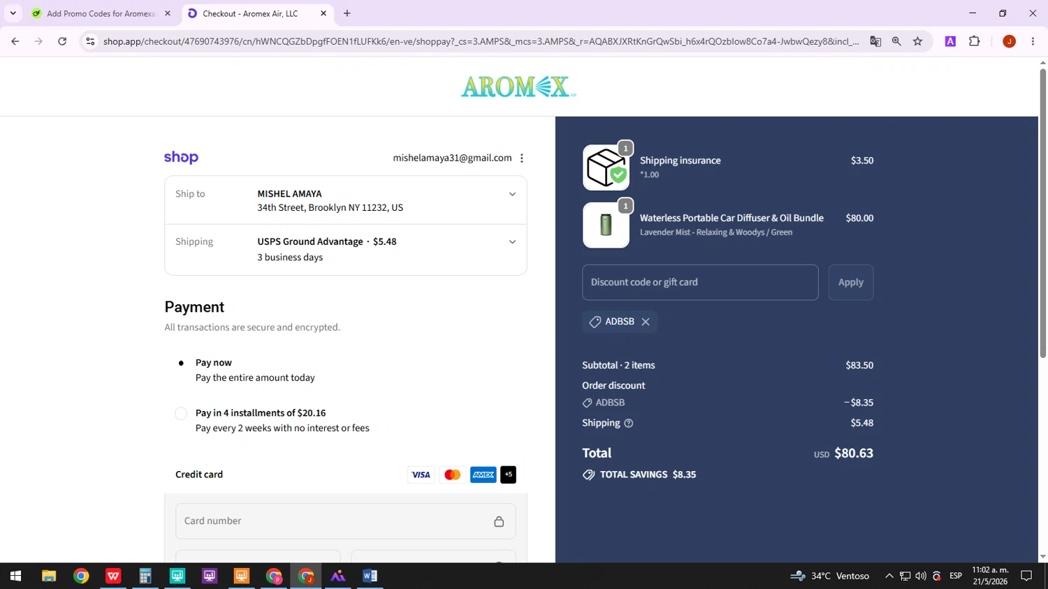 Aromexair promo code screenshot showing code ADBSB applied at Aromexair checkout page. Uploaded by SimplyCodes community member TreasureTracker4321 on May 21, 2026