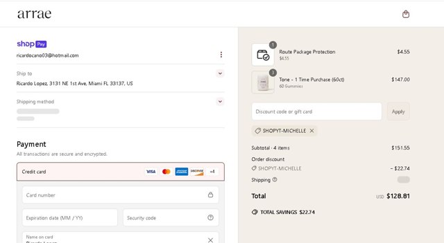 Arrae checkout page showing Arrae discount code box | Screenshot taken by SimplyCodes community member on Mar 20, 2025