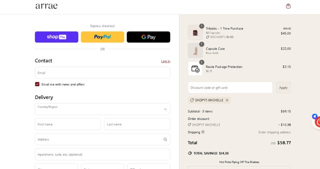 Arrae checkout page showing Arrae discount code box | Screenshot taken by SimplyCodes community member on Apr 2, 2025