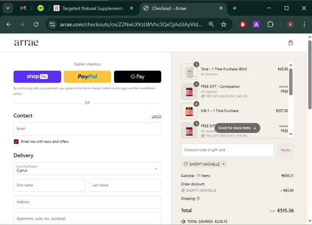 Arrae checkout page showing Arrae discount code box | Screenshot taken by SimplyCodes community member on Mar 11, 2025