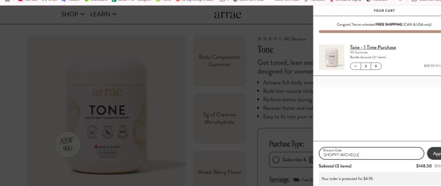Arrae checkout page showing Arrae discount code box | Screenshot taken by SimplyCodes community member on Aug 2, 2025