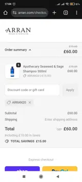 ARRAN20 coupon verification screenshot