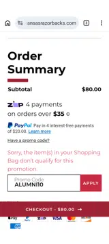 Arkansas Razorbacks coupon verification screenshot