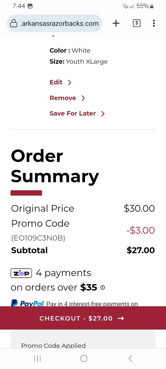 Arkansas Razorbacks checkout page showing Arkansas Razorbacks coupon code box | Screenshot taken by SimplyCodes community member on Feb 8, 2026