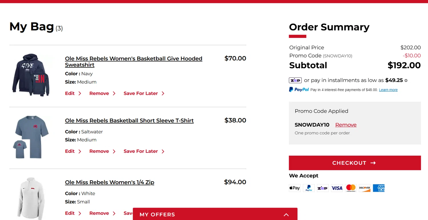 Arkansas Razorbacks coupon code screenshot showing code SNOWDAY10 applied at Arkansas Razorbacks checkout page. Uploaded by SimplyCodes community member Dulce__ on Jan 27, 2026