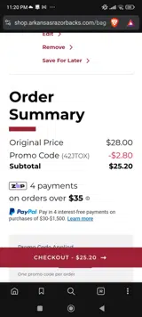 Arkansas Razorbacks coupon verification screenshot